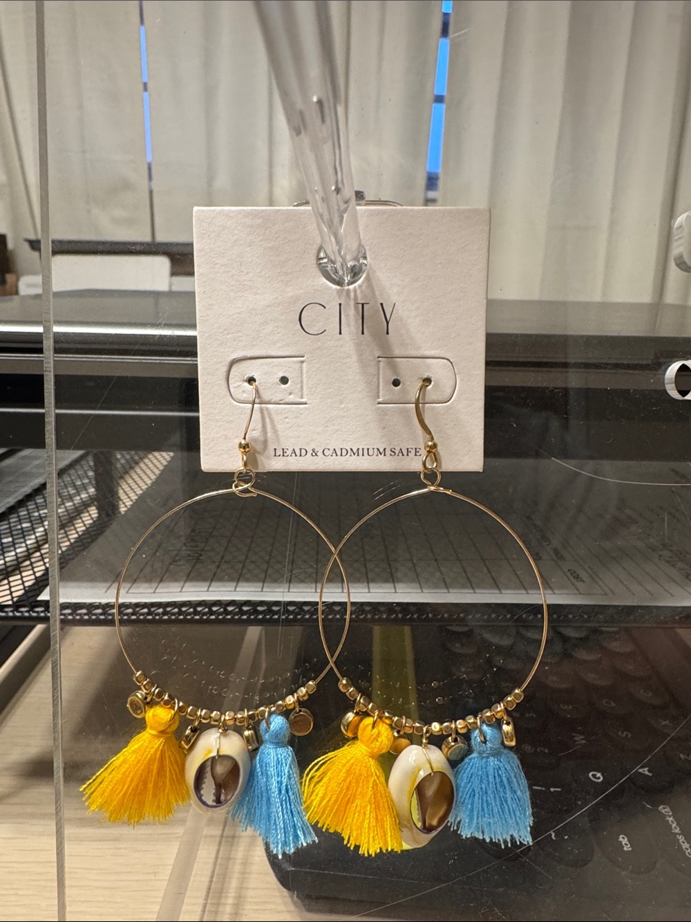 City Chic Yellow & Blue Tassel Hoop Earrings with Shell Charms